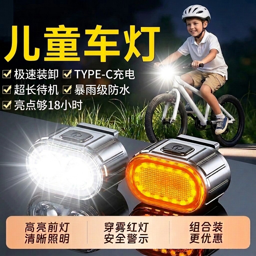 单车自行车灯前灯强光夜骑警示尾灯山地公路儿童防水骑行装备套装