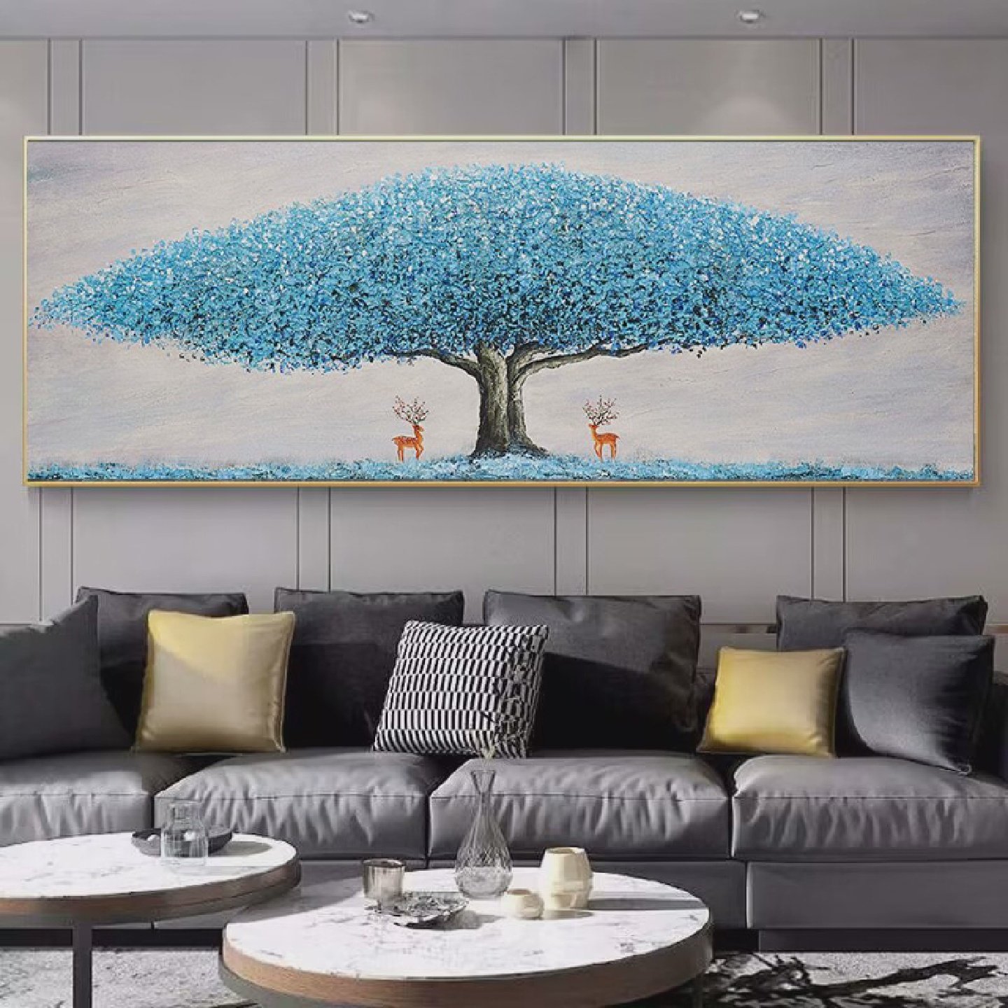 手绘油画现代简约轻奢客厅装饰画沙发背景挂画发财树厚油立体横幅