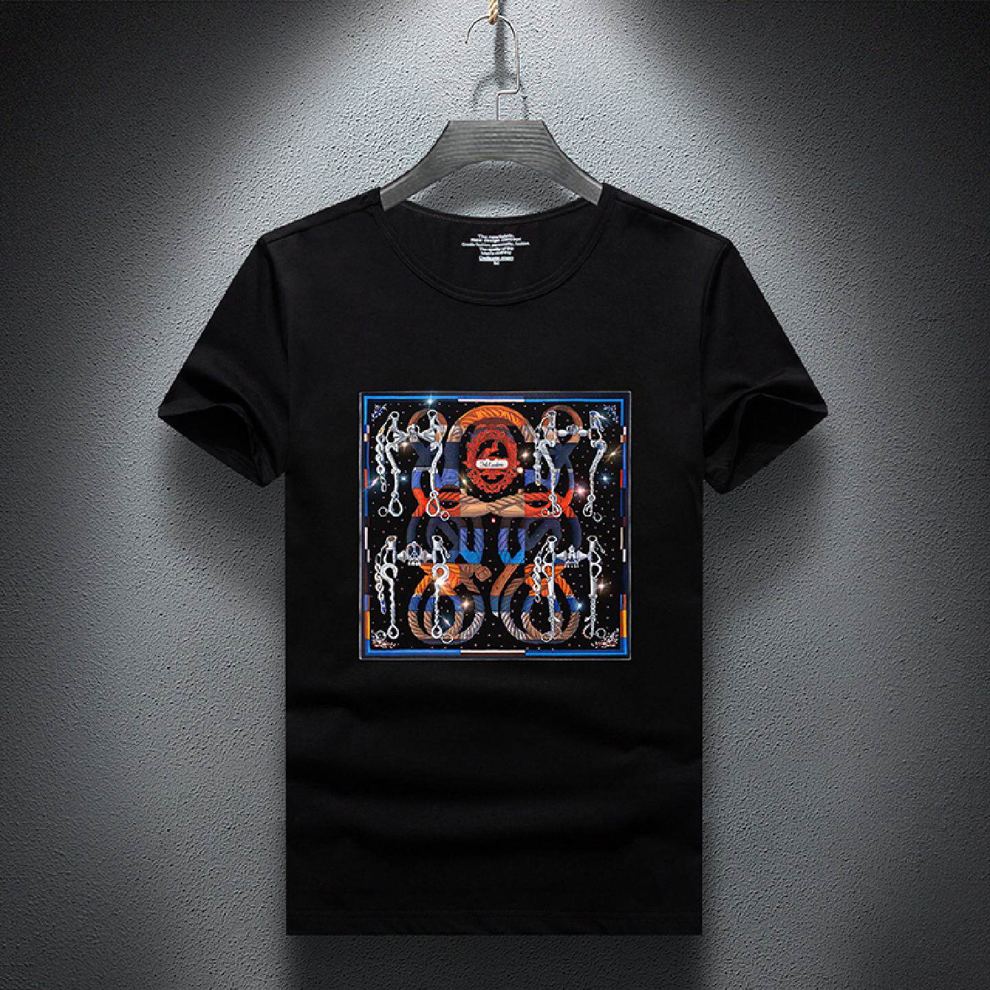 2026新款夏季潮牌短袖恤男印花烫钻亮片潮流修身大码冰丝半袖潮男