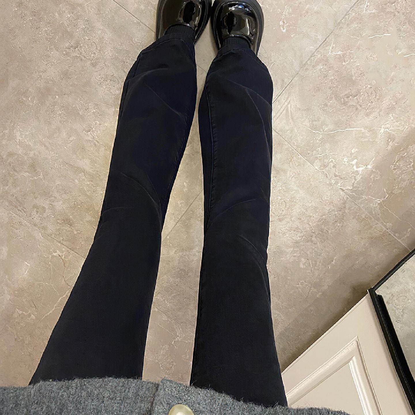 黑色微喇牛仔裤女秋冬加绒胖妹妹mm高腰遮胯显瘦弹力直筒喇叭裤子