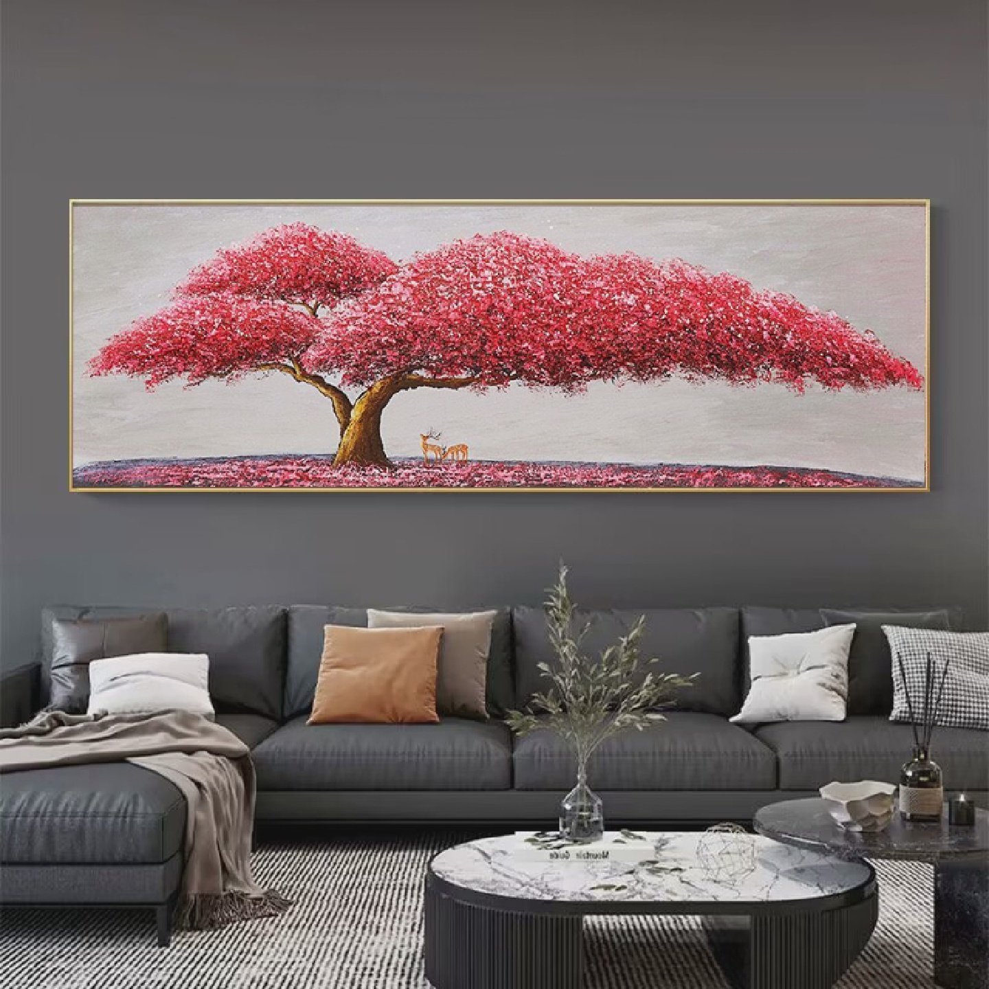 手绘油画现代简约轻奢客厅装饰画沙发背景挂画发财树厚油立体横幅