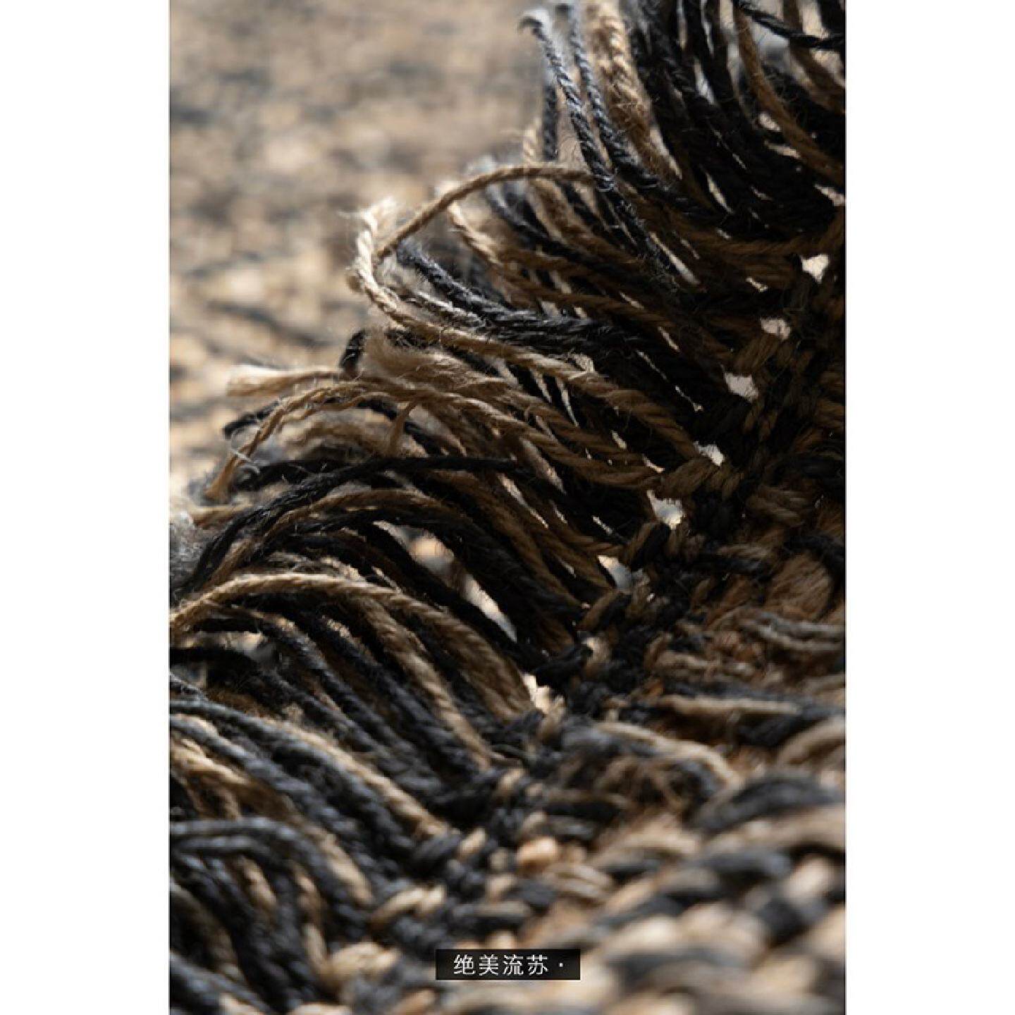 若奈地毯摩洛哥舶来手工编织黑黄麻流苏地毯双面床边毯侘寂