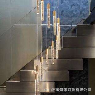 餐厅奢华复式 客厅轻奢楼梯长吊灯后现代简约别墅客厅个性 楼水晶灯