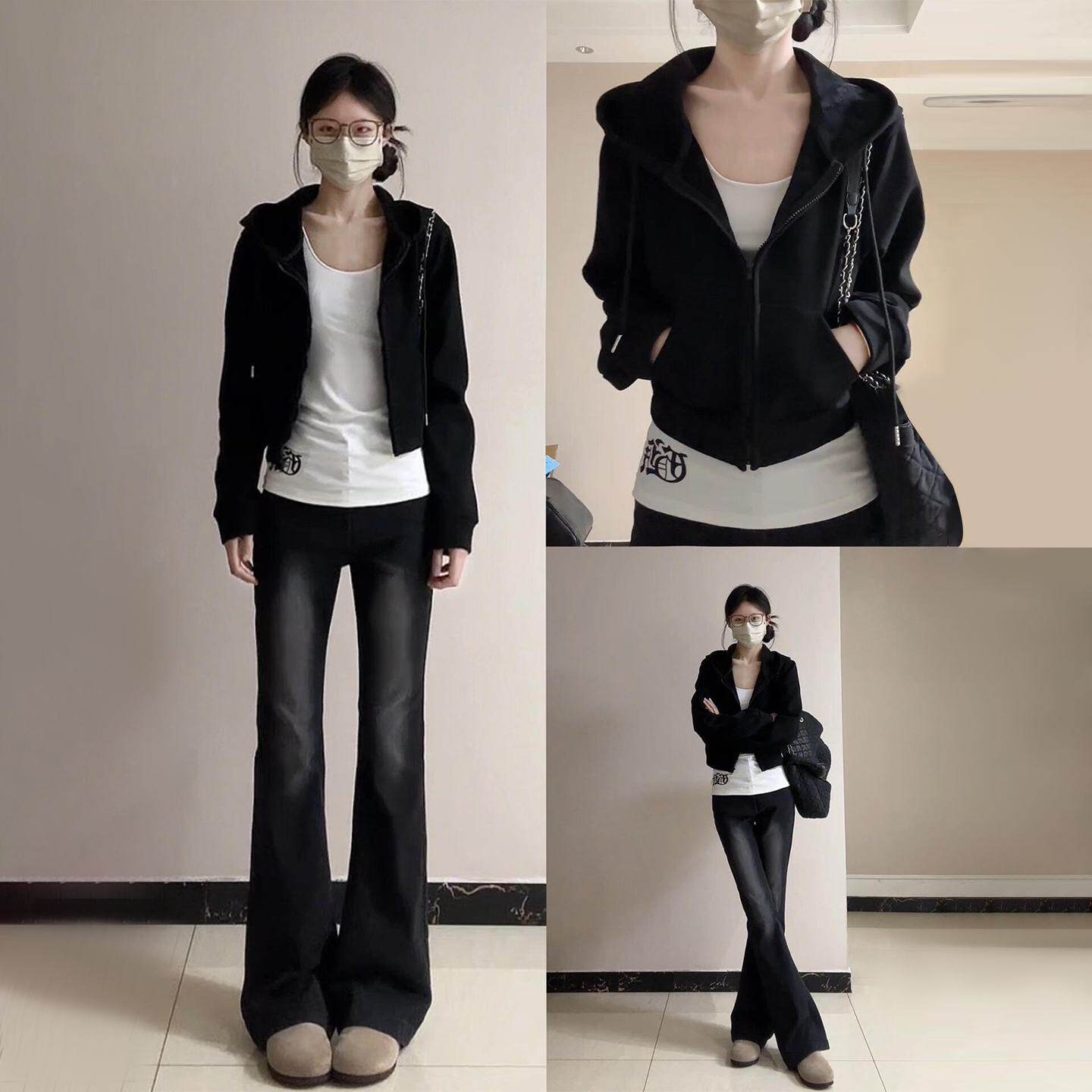 黑色卫衣外套女春秋季开衫连帽休闲宽松拉链短款2025新款早秋上衣