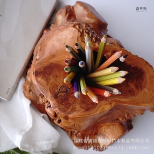 饰杉木瘤笔筒实木根雕 木制笔筒收纳盒创意摆件复古办公用品简约装