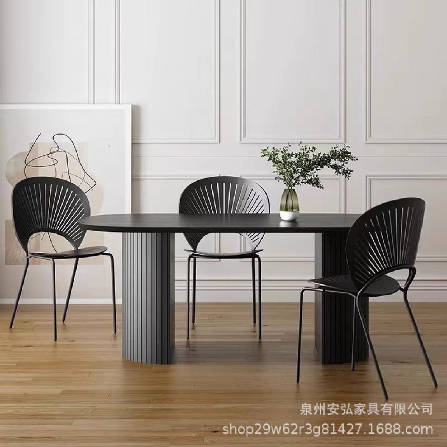 法式复古椭圆形餐桌椅组合黑色实木中岛台桌子样板间大理石餐桌子