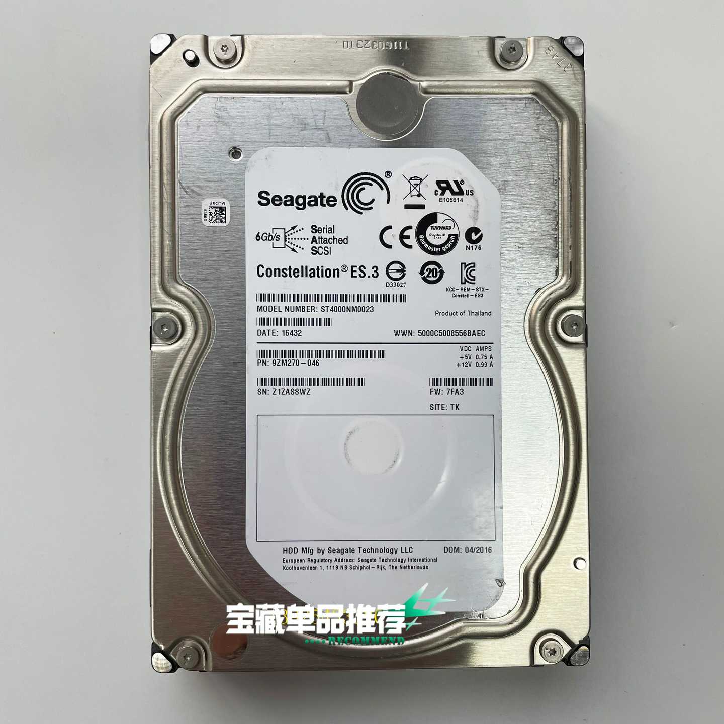 希捷拆机企业级硬盘，ST4000NM0023，4TB SAS
