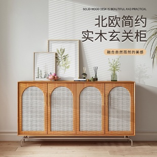 北欧实木餐边柜家用双开门大容量藤编储物柜现代简约收纳玄关柜