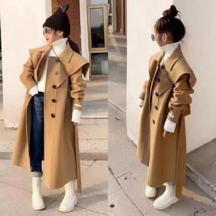 冬季女童纯色毛呢长款韩版大衣中大童洋气时髦双扣双面绒加厚外套