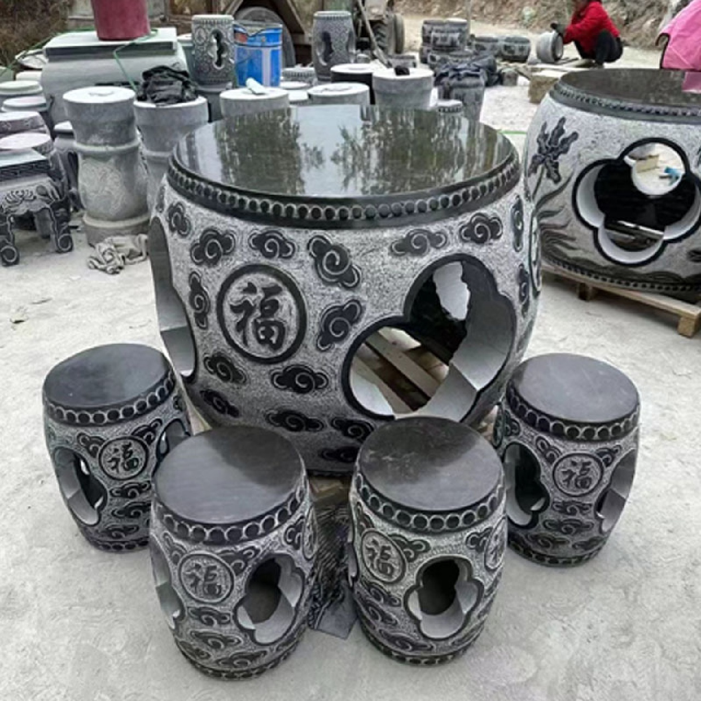 石桌石凳青石仿古石桌大理石庭院别墅公园户外镂空石桌