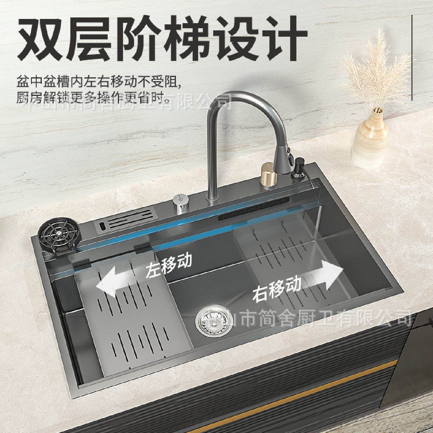 跨境出口隐藏飞雨瀑布不锈钢厨房水槽超大单槽洗菜盆手工洗碗水池