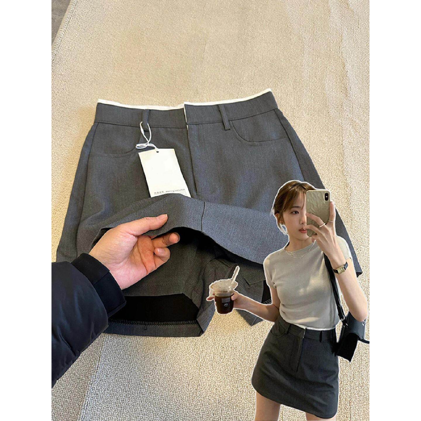 灰色西装半身裙裤女2025夏季新款大码胖mm高腰显瘦遮胯a字短裙子