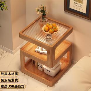 实木床头柜带灯家用卧室现代小边几2025新款小户型创意落地置物架