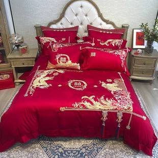 九喜狐结婚全棉红色四件套备婚长绒棉套件贡缎提花六件套一生守候