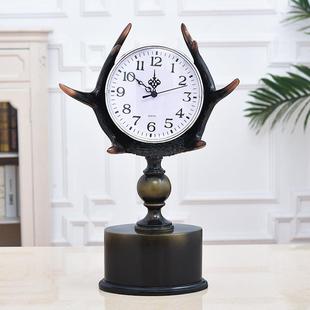 座钟客厅台式 工艺品摆件桌面坐钟鹿角钟表摆件 复古台钟时钟美式