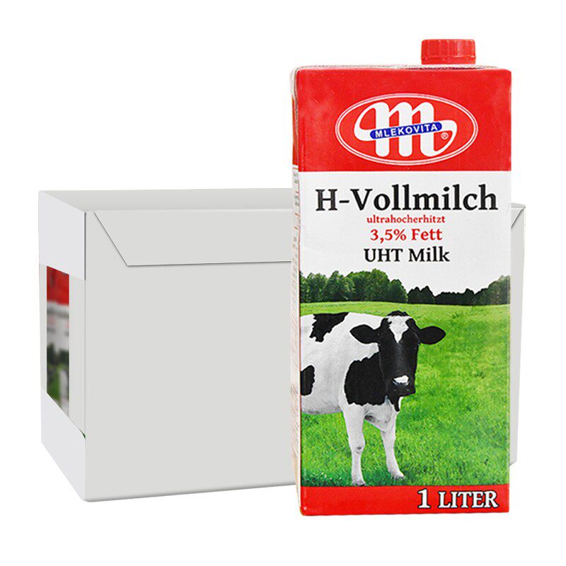 波兰进口 Mlekovita全脂纯牛奶1L*12盒/箱 奶泡茶饮早餐奶烘焙奶