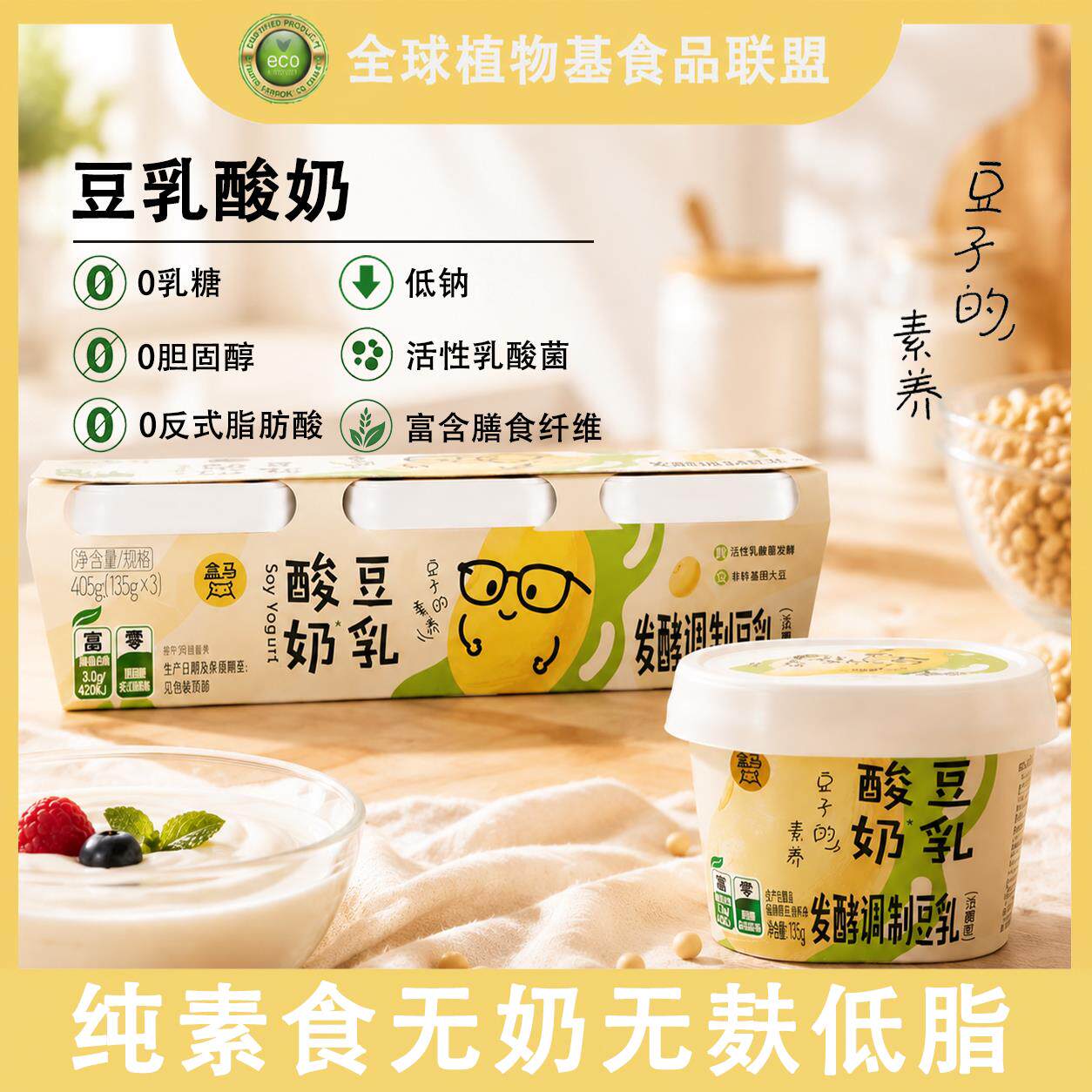 豆子的素养纯素无奶无麸低脂低钠0胆固醇高膳食纤维豆乳酸奶135g