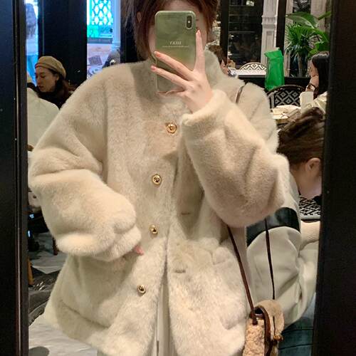 小香风立领仿水貂毛绒环保皮草女冬季2025新款高级感上衣毛毛外套