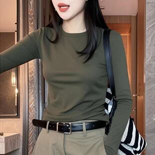 t恤女春秋新款 长袖 修身 巨好看 上衣 内搭打底衫 橄榄绿正肩长袖