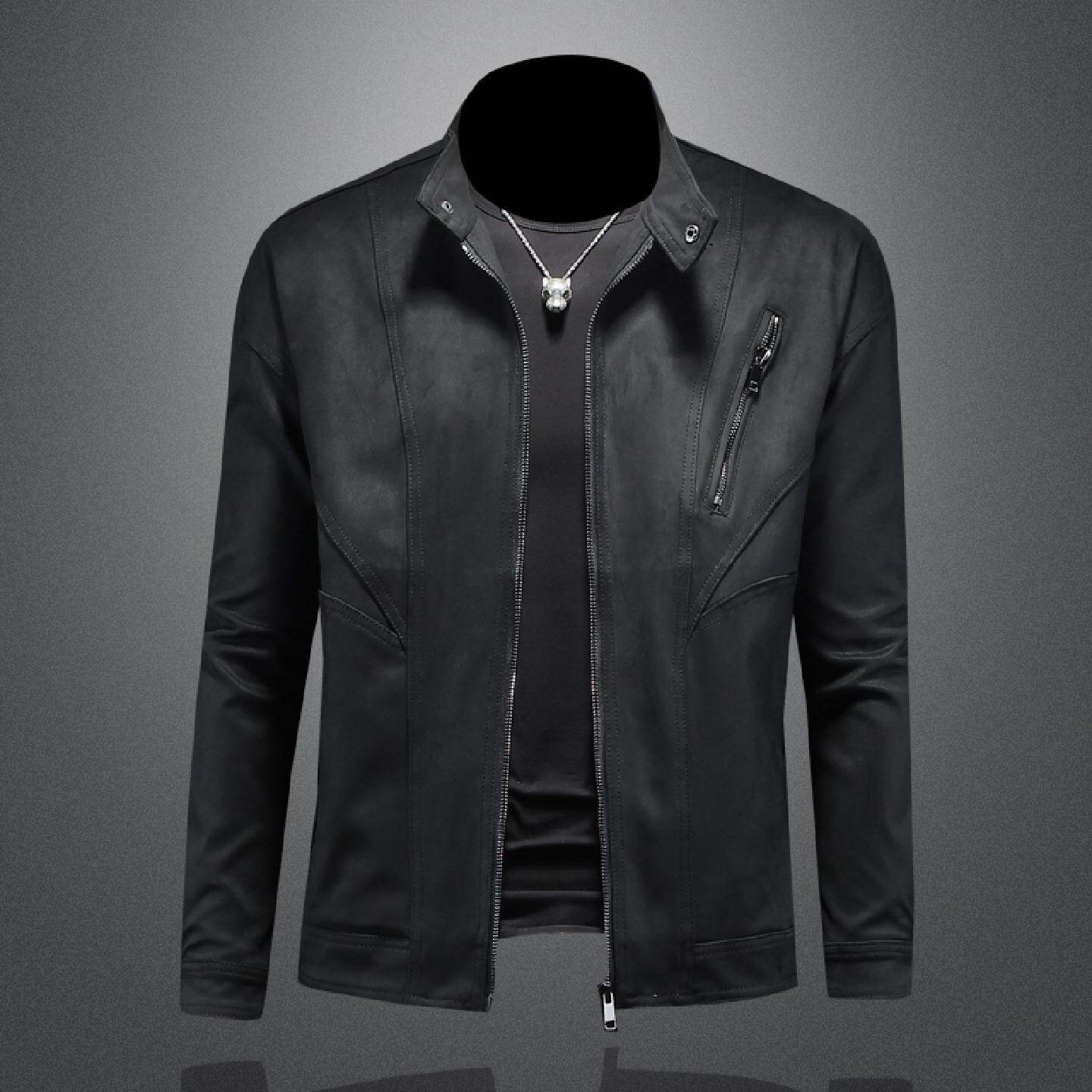 立领拉链皮衣男士春秋季新款潮牌时尚百搭休闲修身磨砂皮夹克外套