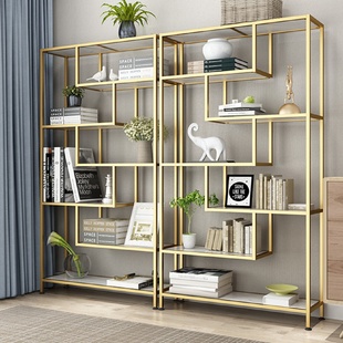 饰客厅展示架 铁艺置物架金色大理石落地书架屏风隔断轻奢收纳架装