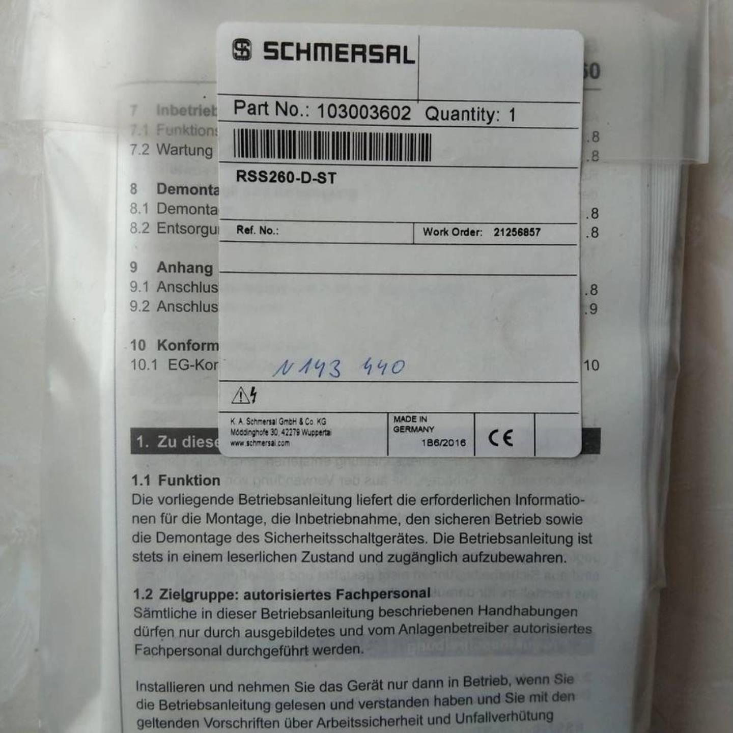 配件103003602 SCHMERSAL RSS260-D-ST全新原装进口正品安全议价