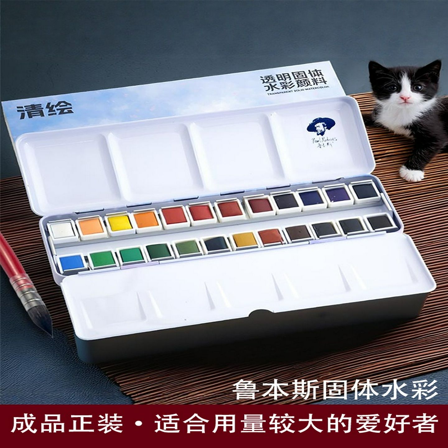 鲁本斯固体水彩颜料24色铁盒专业透明绘画素描便携式集艺术特别