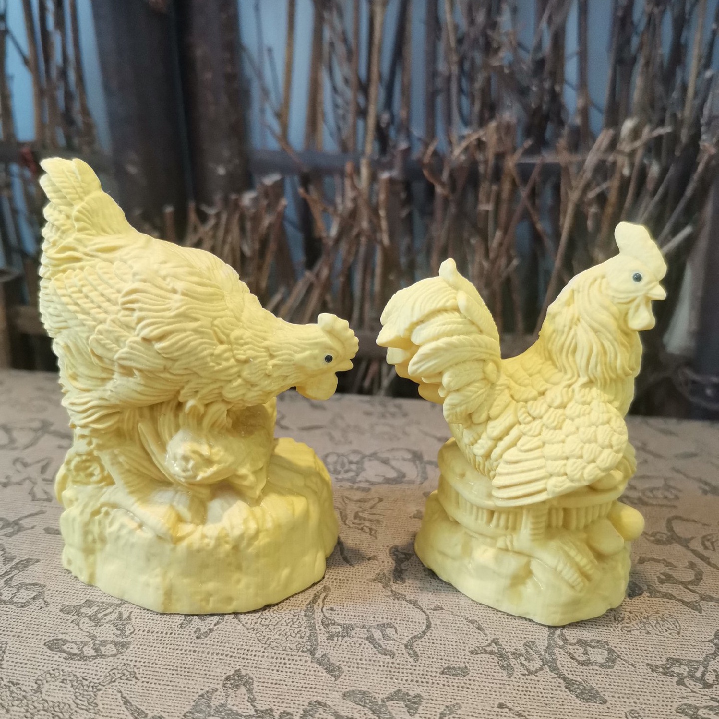 黄杨木雕公鸡母鸡一对摆件创意文玩生肖鸡家居装饰品桌面工艺品