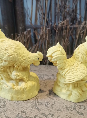 黄杨木雕公鸡母鸡一对摆件创意文玩生肖鸡家居装饰品桌面工艺品