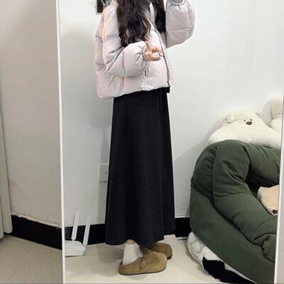 黑色毛呢半身裙女冬季大尺码胖mm遮肚显瘦梨型身材中长版a字伞裙