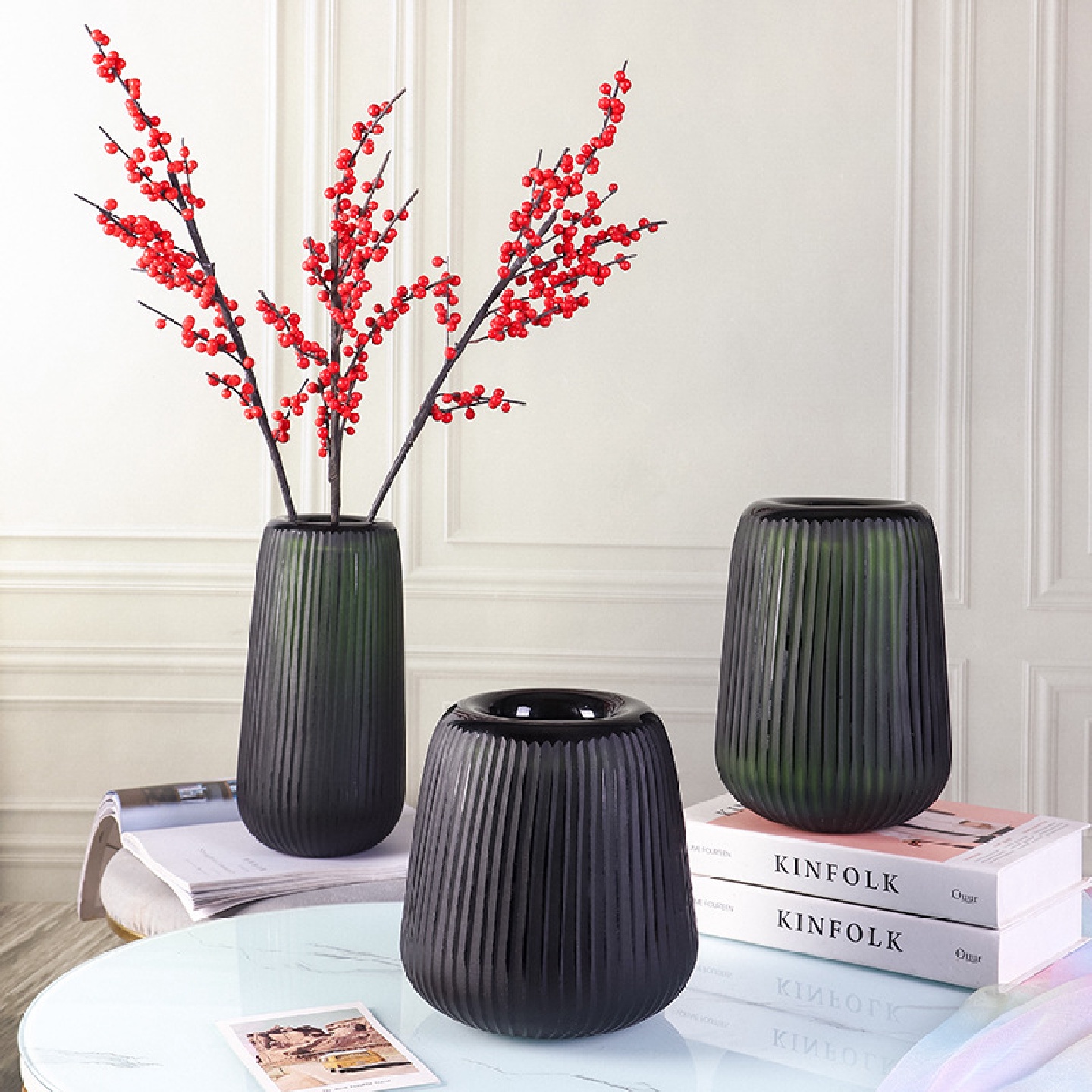 新款北欧创意玻璃花瓶磨砂绿色竖条纹花瓶水培插花客厅摆件