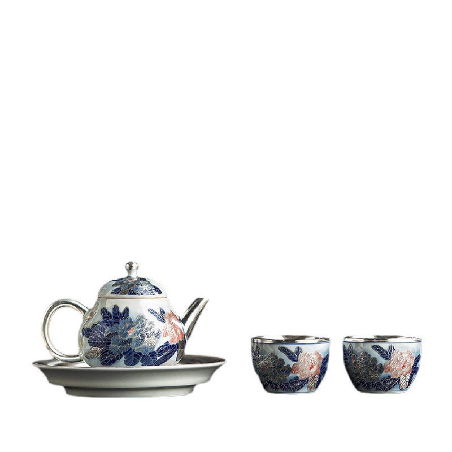 郑文强老师作品国礼牡丹青银器家用功夫茶具一壶二杯礼盒装