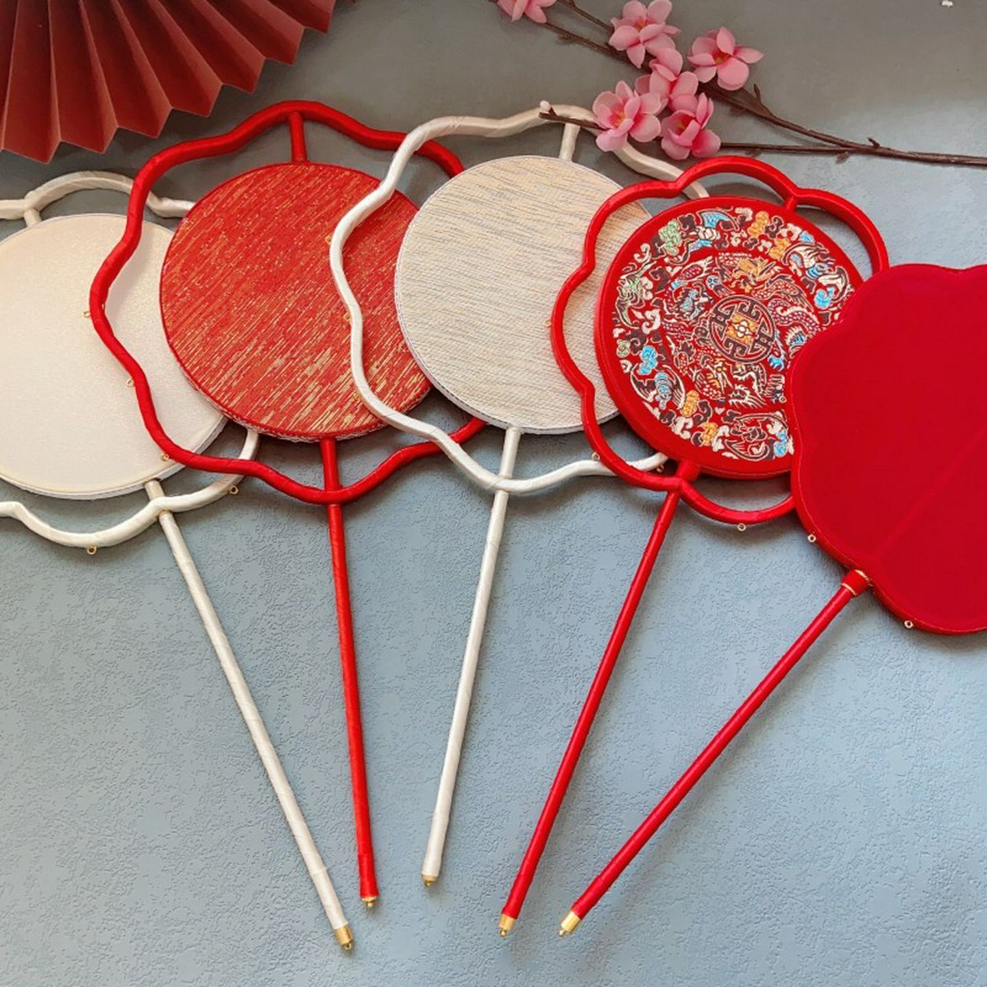 中式婚礼长手柄空白团扇双圈双面古风扇子新娘手捧花喜扇古风配饰