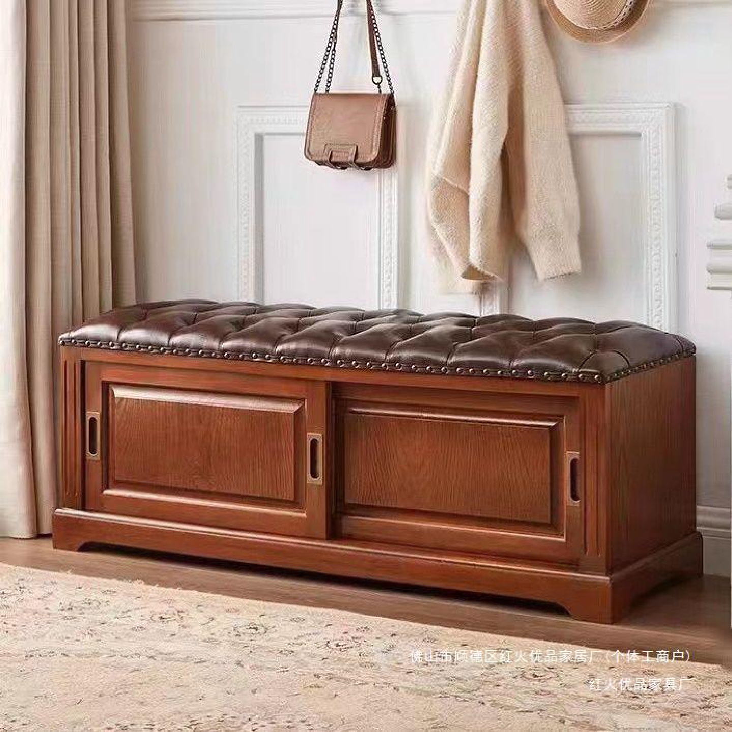 美式实木换鞋凳鞋柜家用玄关客厅进门口一体穿鞋凳多功能储物凳