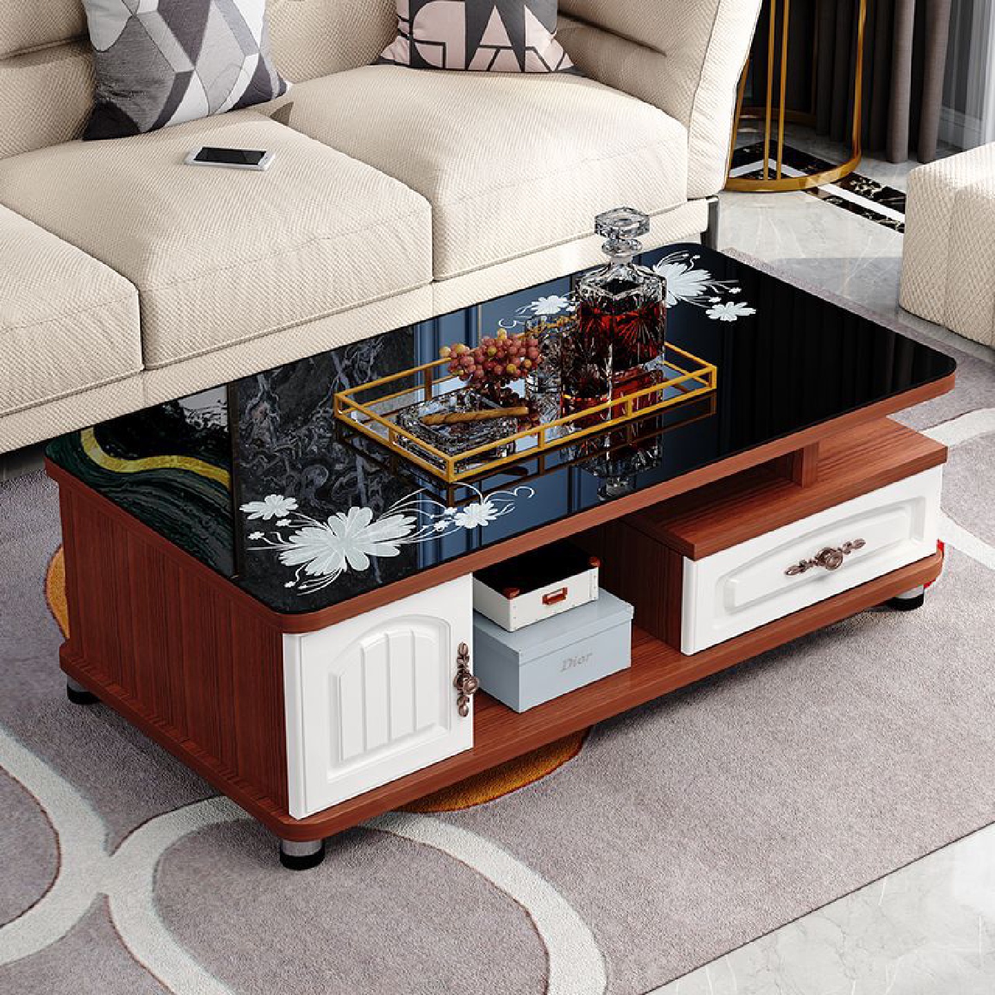 欧式圆角茶几简约电视柜茶几组合小户型钢化玻璃茶桌桌子客厅包邮