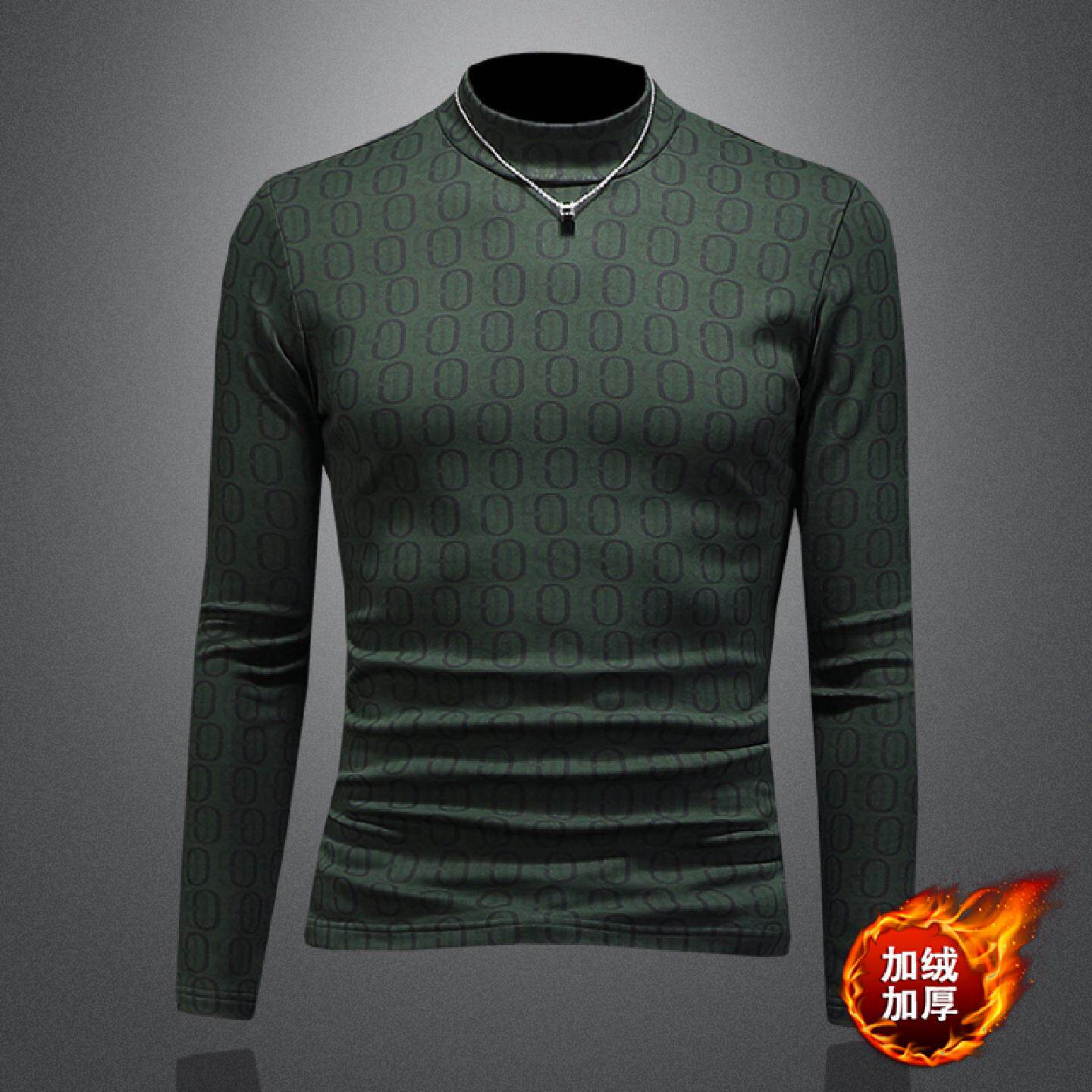 提花半高领长袖恤男士新款秋冬季高级感中领打底衫加绒内搭潮男装