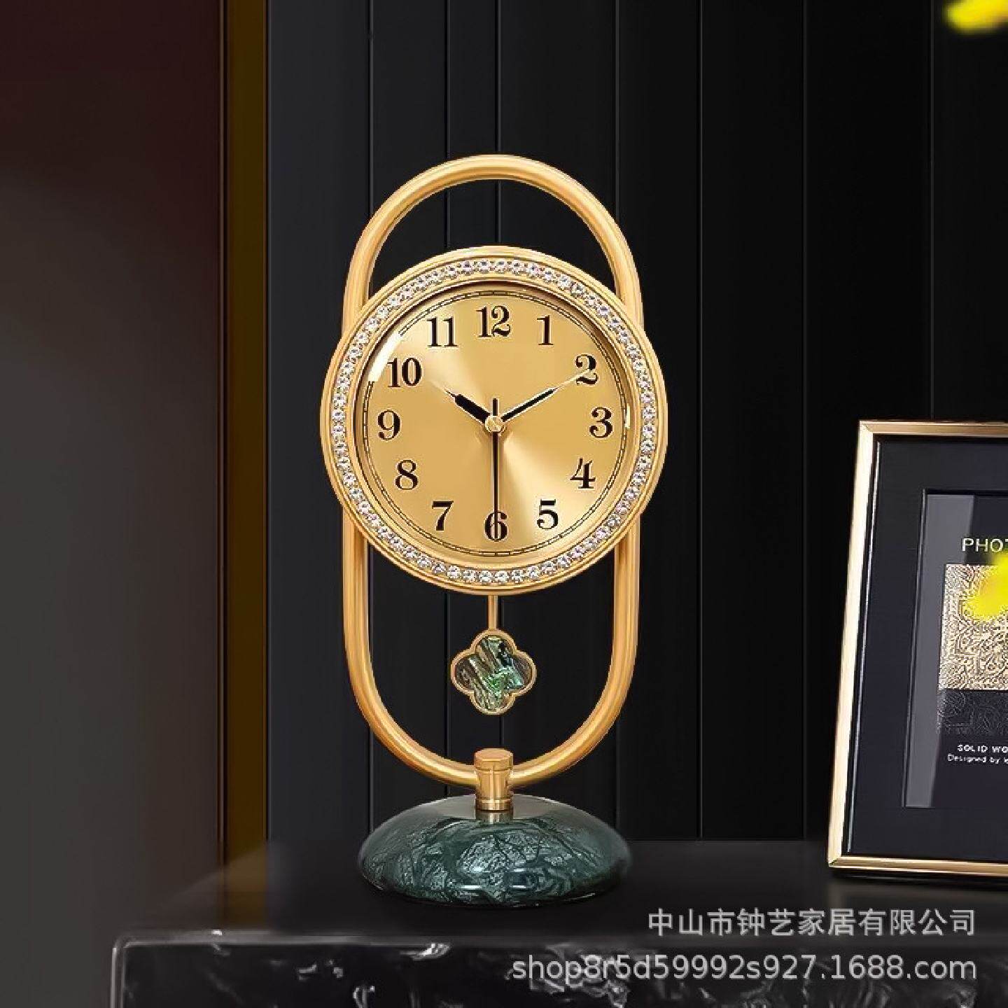 纯黄铜座钟镶钻奢华贝壳欧式台钟客厅家用时尚电视柜桌面时钟摆件