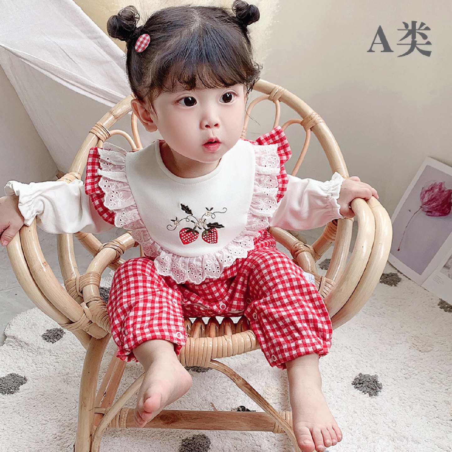 2025春季新款宝宝印花格子连身衣花边爬爬服包屁柔软哈衣9725