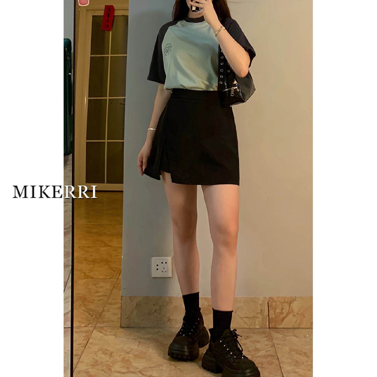 黑色开叉西装短裙女夏季大码胖mm遮肚显瘦梨型身材高腰a字半身裙