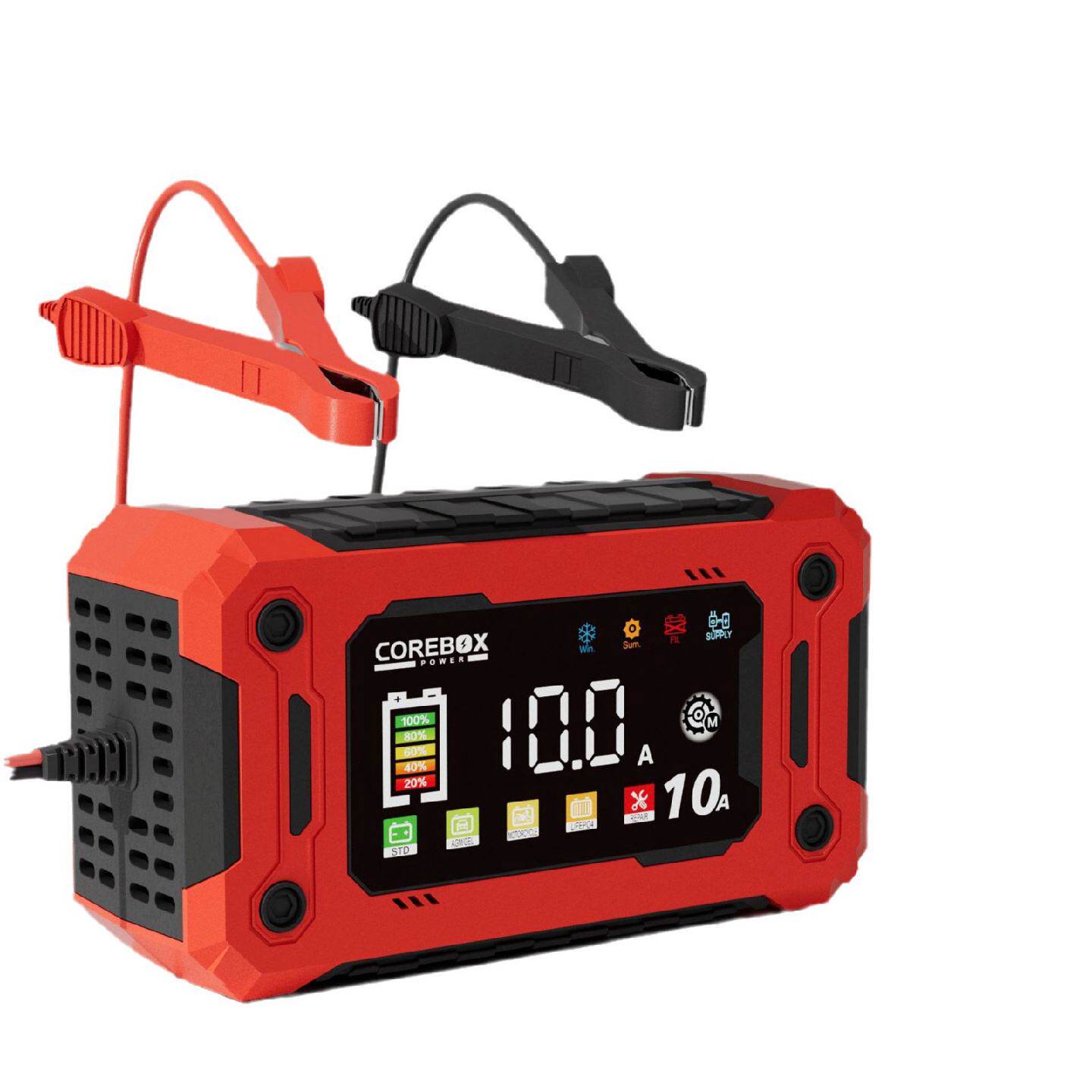 12V10A彩屏款汽车摩托车电瓶充电器跨境爆款LED超大屏显示欧规BJ