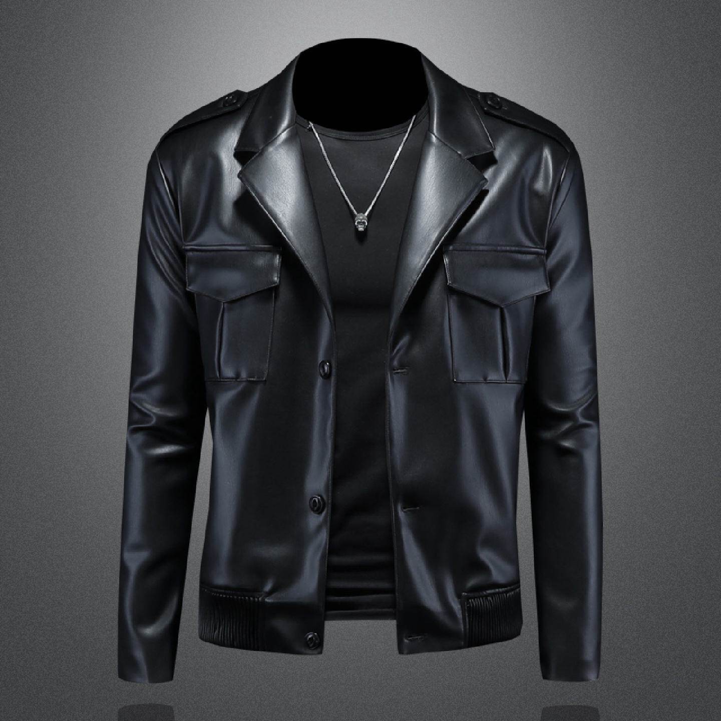 西装领皮衣外套男士年春季新款韩版修身休闲机车纯色软皮夹克潮男