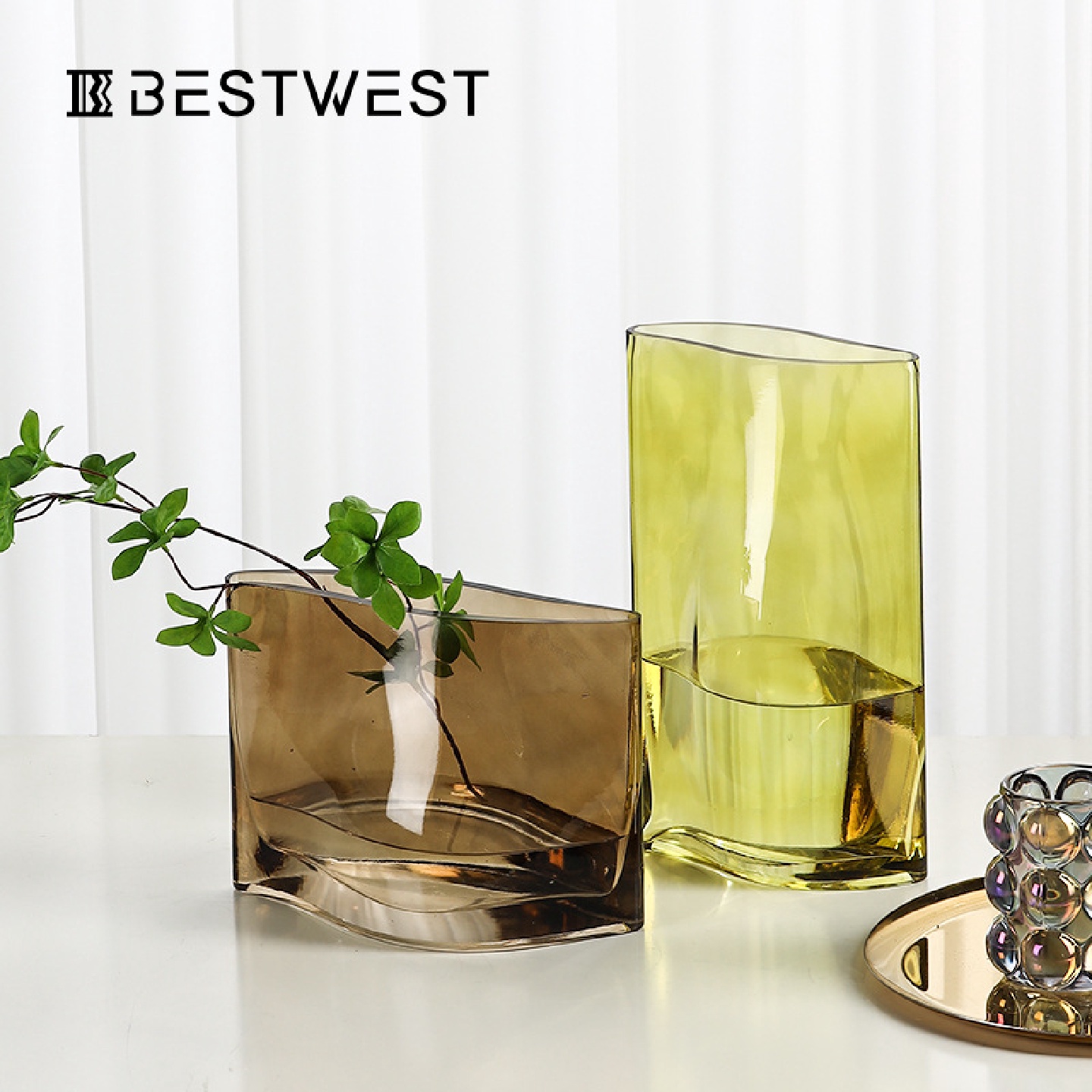 Bestwest琥珀色玻璃花瓶摆件ins不规则透明花器客厅桌面装饰品