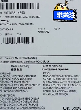 SIEMENS西门子接触器3RT20361KB40