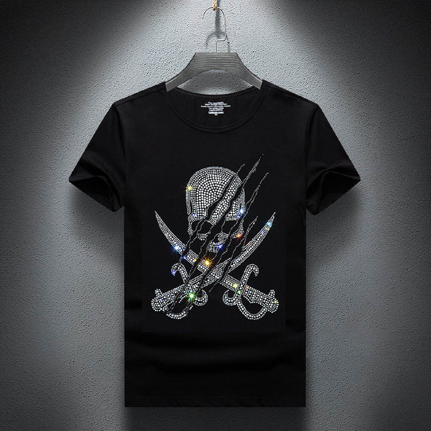 2026欧美夏季潮牌欧洲站男士烫钻恤短袖圆领冰感半袖青年大码男潮