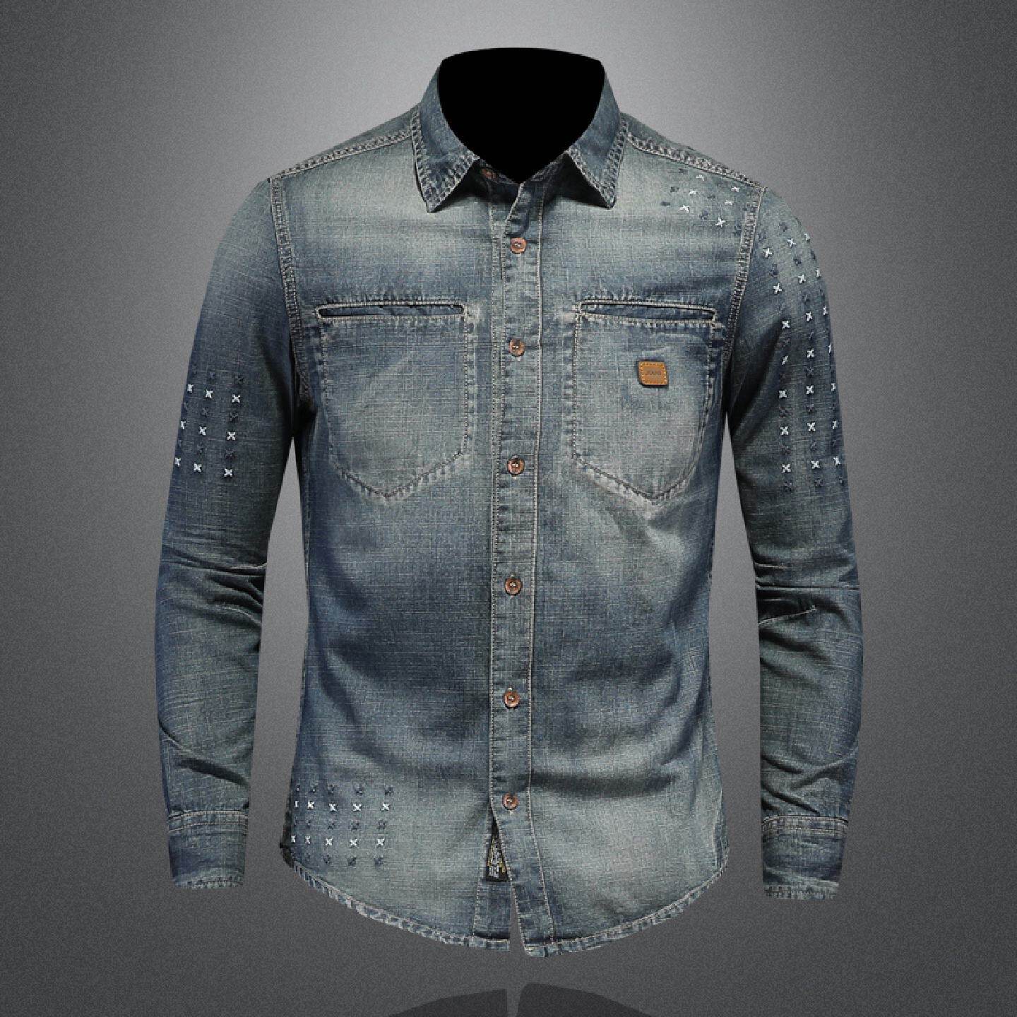2026欧洲站牛仔衬衫男装春季新款复古修身外套设计感刺绣薄款长袖