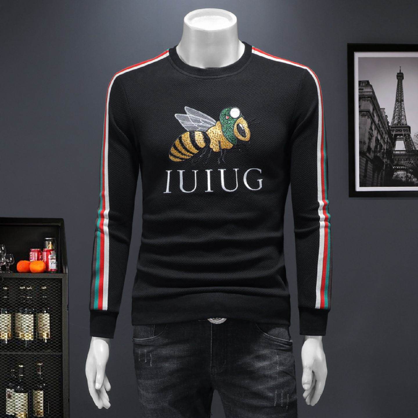 2026潮牌秋冬季字母刺绣圆领长袖卫衣男修身小蜜蜂织带套头痞帅恤