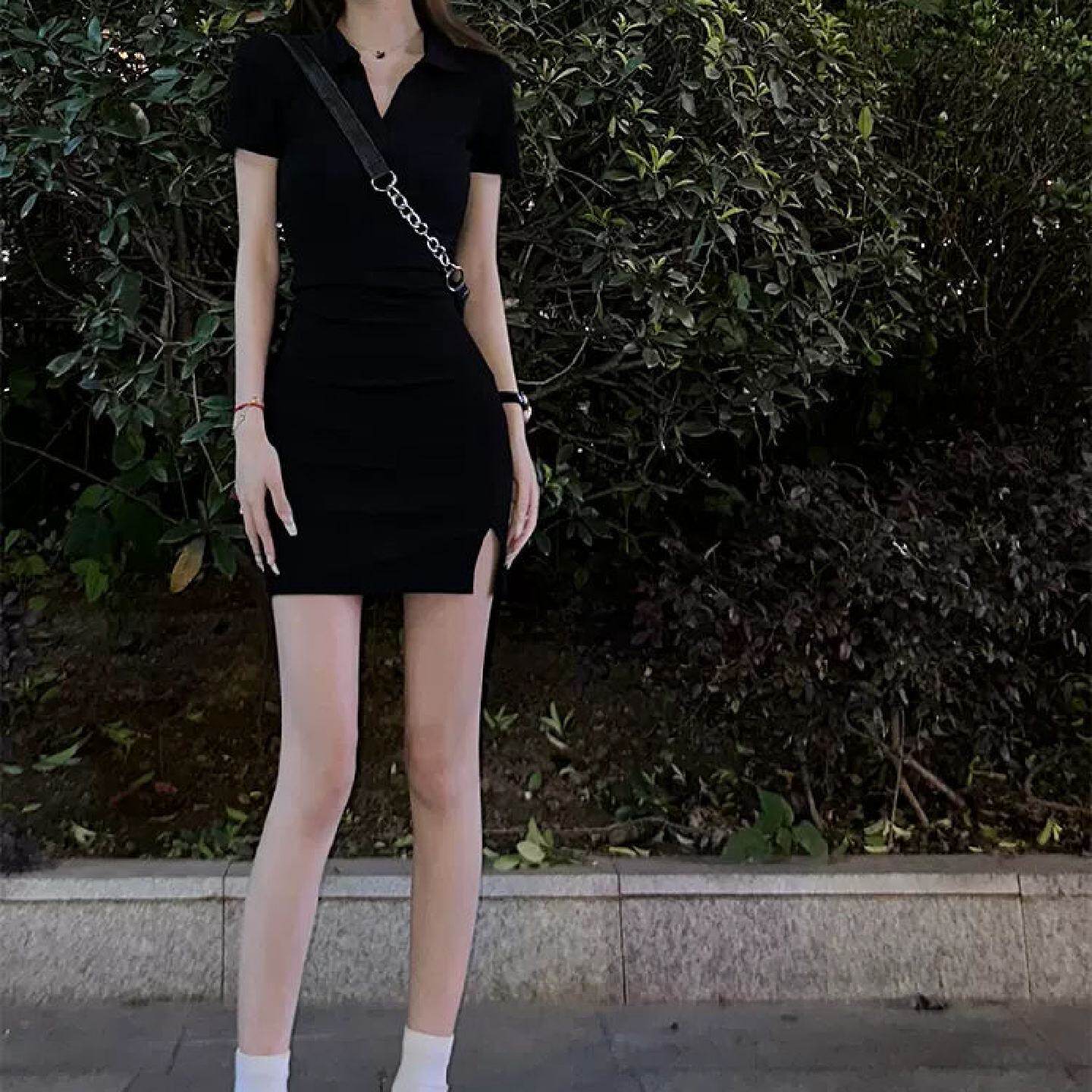 黑色包臀裙包臀连衣裙黑色连衣裙女polo连衣裙女小妈裙秋季修身