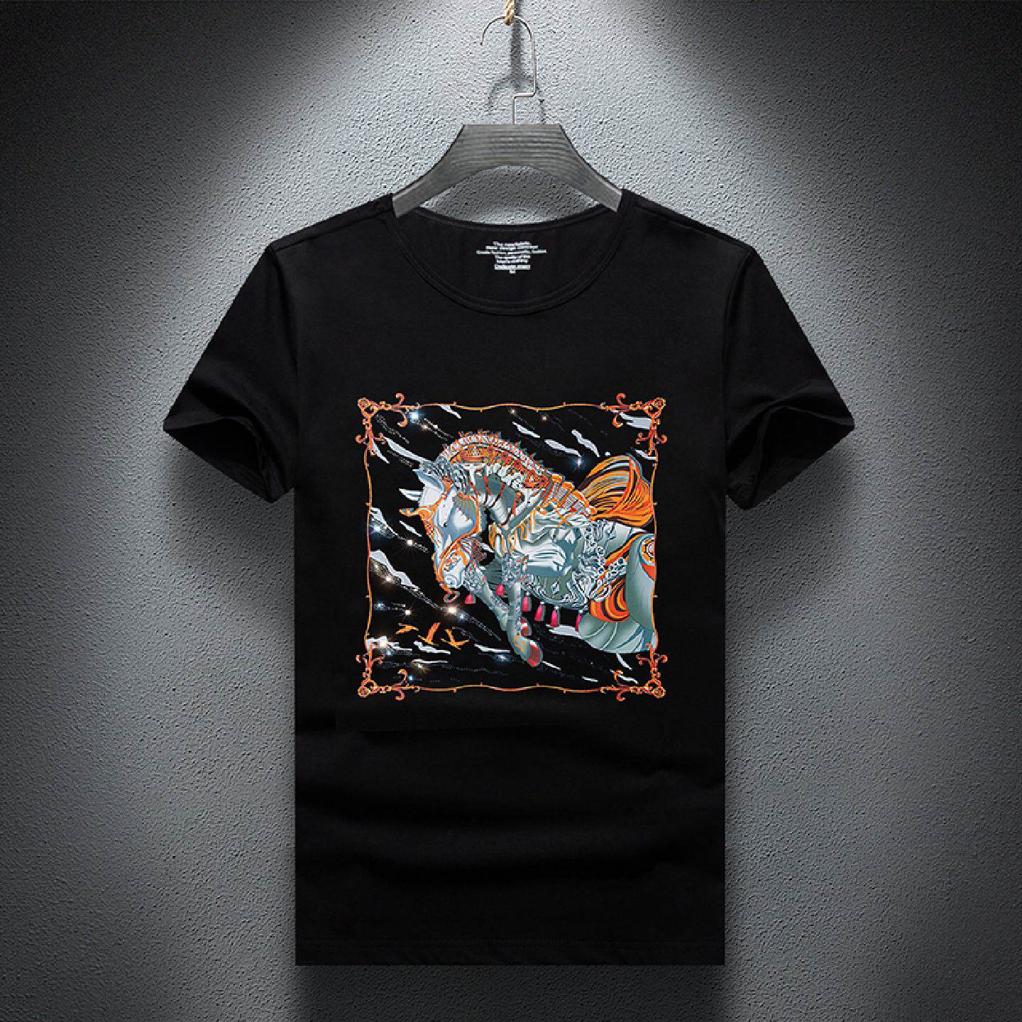 2026欧货潮牌印花烫钻短袖恤男士夏季潮流休闲修身体恤衫潮