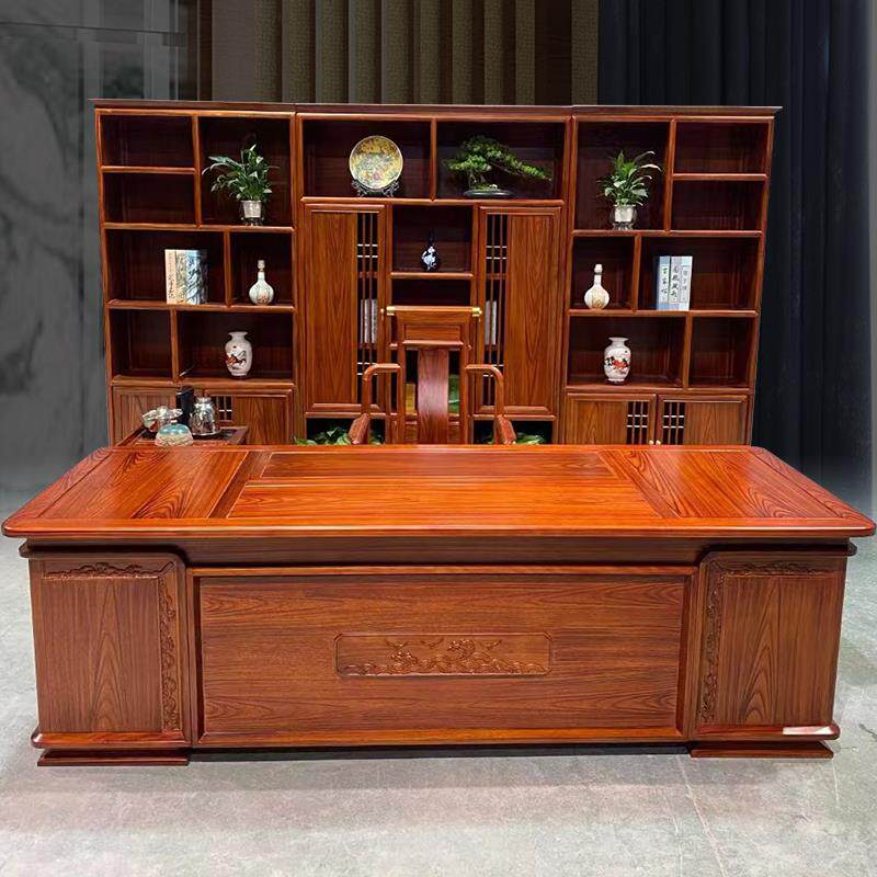 花梨木办公桌书柜组合高档办公室总裁老板桌全实木大班台家用书桌