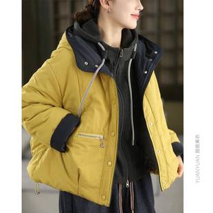 园园美衣冬季 高密棉夹棉连帽外套女拼色加厚棉袄保暖棉服棉衣